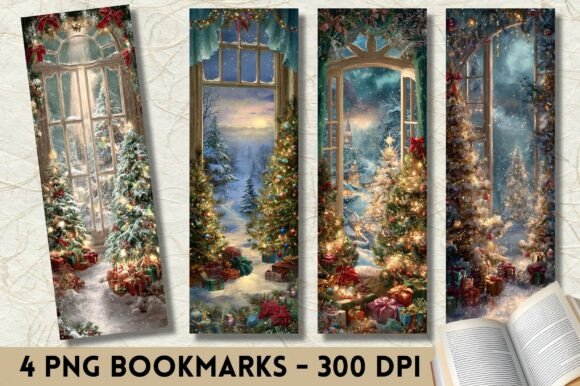 Cozy Christmas Window Tree View Bookmark: Graphics for Print Templates