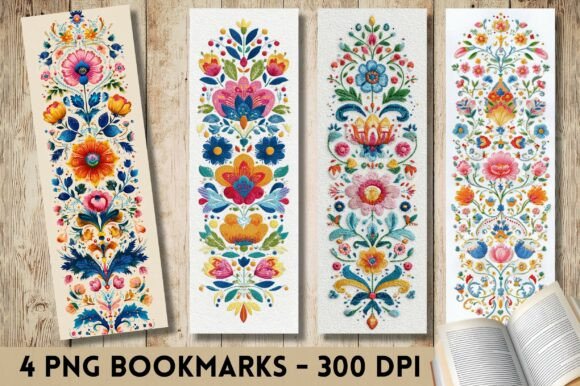 Folk Vibrant Embroidered Flower Bookmark Graphics for Crafts