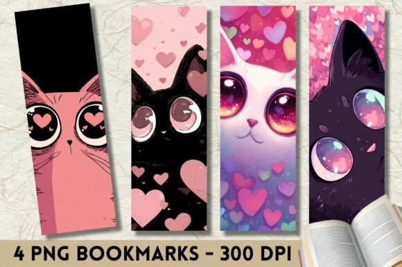 Kawaii Cat Pink Heart Valentine Bookmark for Graphics and Crafts