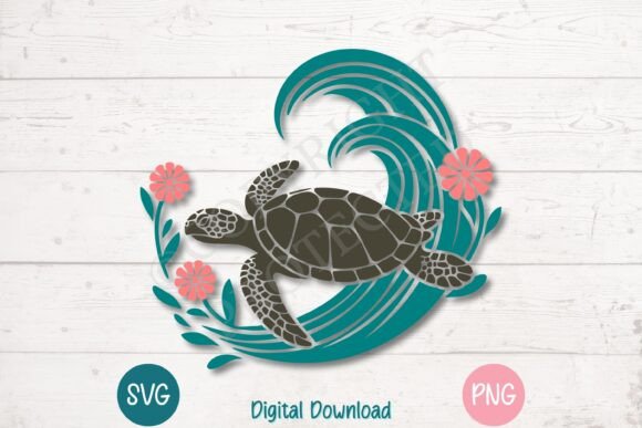 Sea Turtle Swimming in Waves with Flower Review