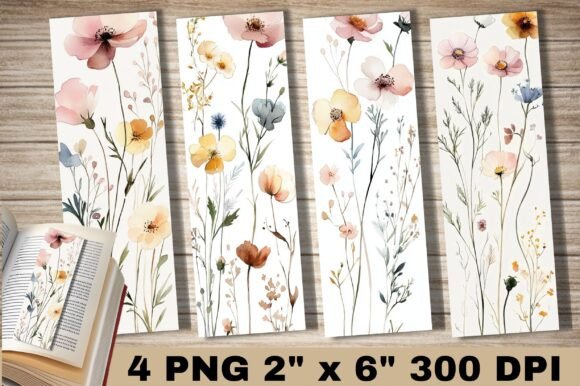 Watercolor Botanical Flower Bookmark Png for Graphics and Crafts